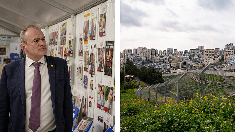 Two photos: On left, Ed Davey looks at posters showing people taken hostage by Hamas on 7 October 2023. On right, a photo of a fence with Jerusalem in the background.