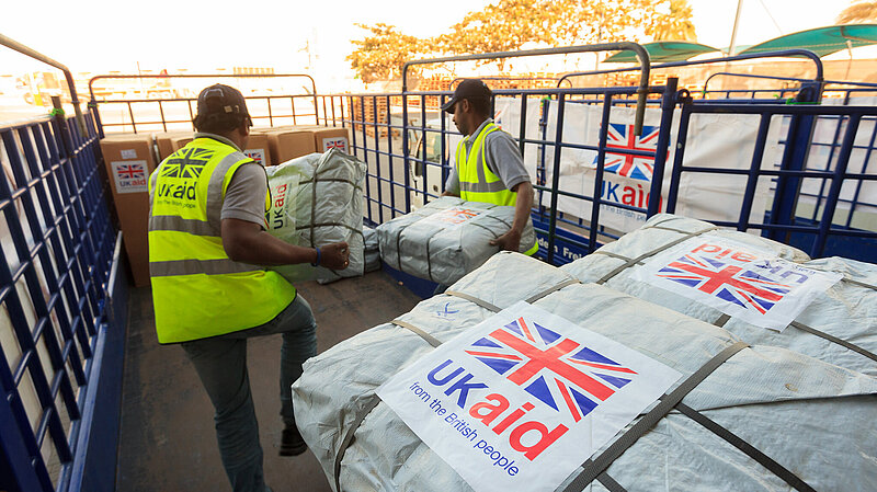 UK aid shelter kits are loaded for shipment from a warehouse in Dubai. Picture: DFID