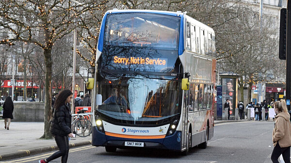 Stop Labour's Bus Tax Bus with display showing 'sorry not in service'