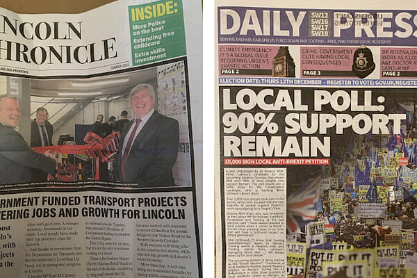 Photos of two tabloid style leaflets. On the right the 'Lincoln Chronicle' published by the Conservative Party. On the left, the 'Daily Press' produced by the Labour Party.