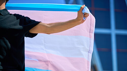 Someone holding a trans rights flag