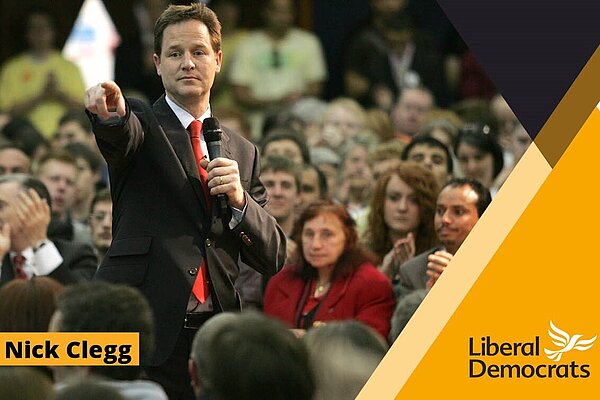 Nick Clegg in front of a crowd on a Lib Dem membership card