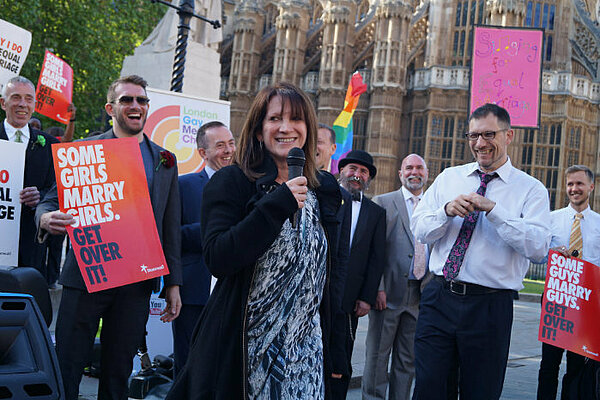 Lib Dem Lynn Featherstone celebrates the passage same-sex marriage with activists