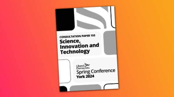 Front page of the consultation paper "Science, Innovation and Technology" displayed on a background with diagonal gradient from magenta to gold.