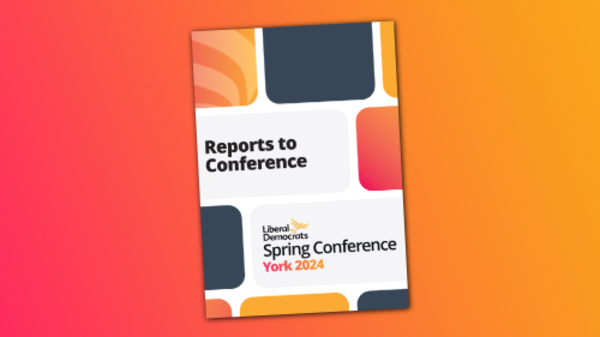 Front page of the Reports to Conference displayed on a background with diagonal gradient from magenta to gold.