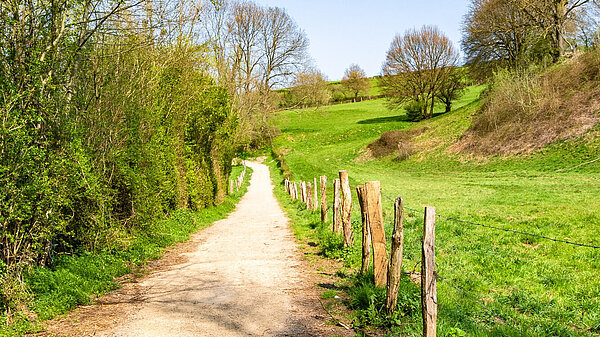 Narrow path in the countryside surrounded by green valley