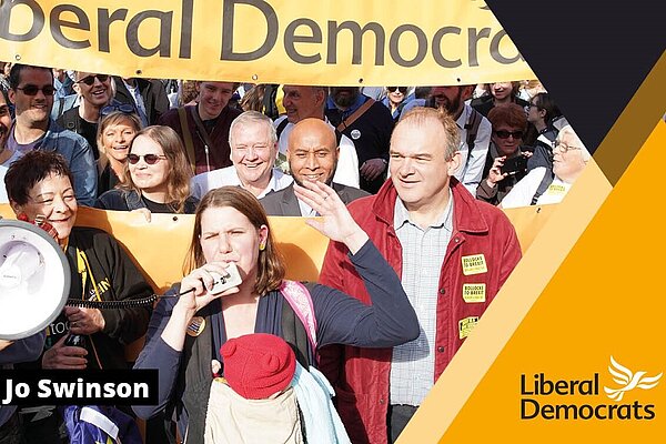 Jo Swinson in front of a crowd with Sarah Ludford and Ed Davey on a Lib Dem membership card