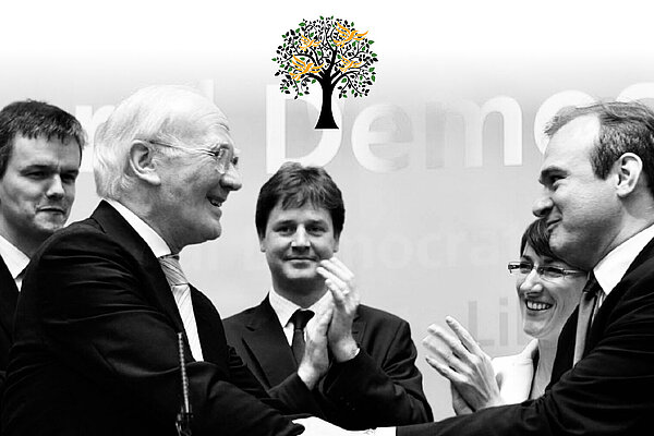 Legacy Society Black and white photo of Liberal Democrats, including Menzies Campbell, Nick Clegg and Ed Davey, and the Legacy Society logo