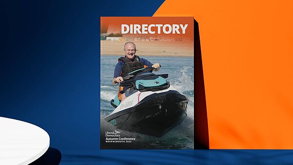 Front cover of the directory for the Liberal Democrats Autumn Conference 2025 in Bournemouth - front cover image is Ed Davey on a jet ski