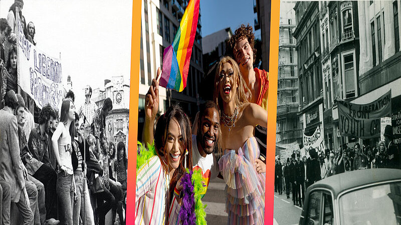 A montage of photos from pride events throughout history.