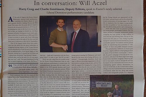 Student newspaper, Exepose, page 9. In conversation: Will Aczel.
