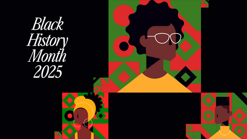 Cartoon black men and women on a stylised red, green and black background with the text Black History Month 2025