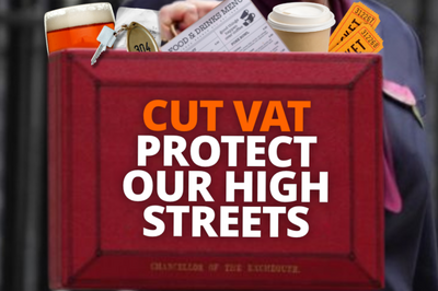 A graphic of the chancellor's budget box with the campaign name 'CUT VAT PROTECT OUR HIGH STREETS' across the front