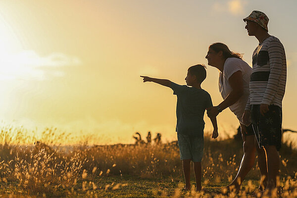 Family A child and two adults look at a sunset