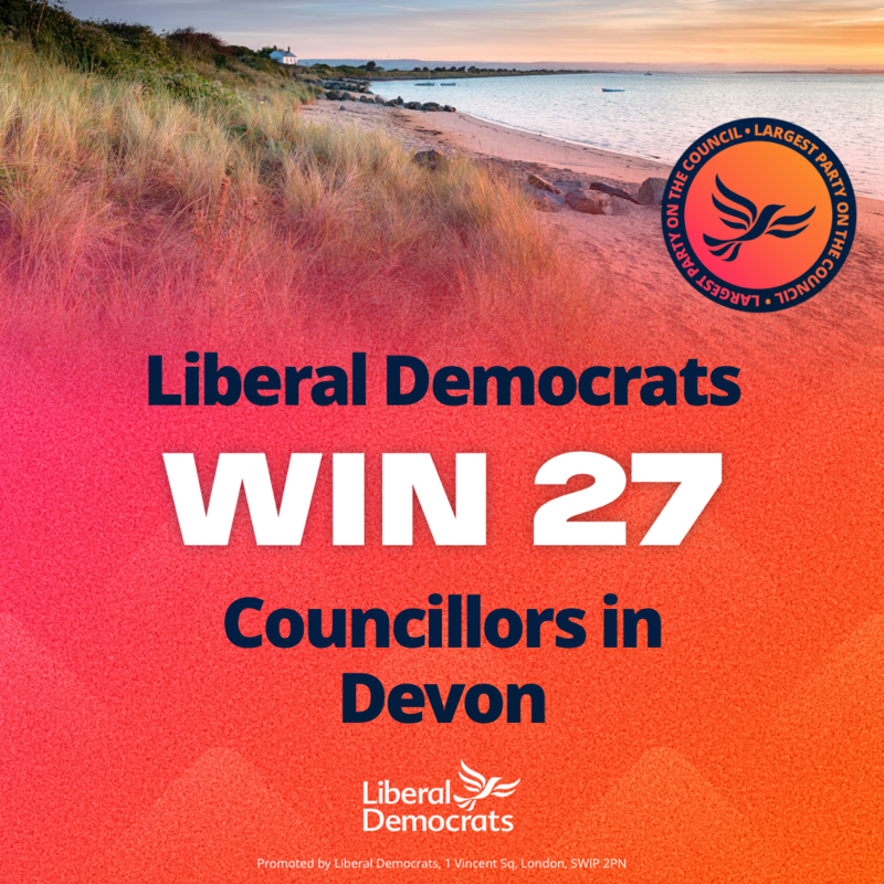 Liberal Democrats win 27 Councillors in Devon. Largest party. Photo of Devon.