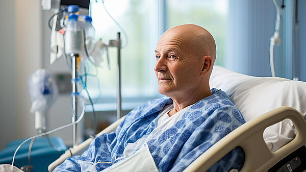 Man in a hospital bed in a hospital gown with drips and other medical equipment