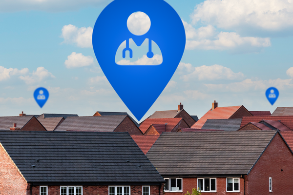 A series of houses with location flags showing GP surgeries