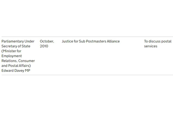 Screenshot of the official record of Ed Davey's meeting with the Justice For Subpostmasters Alliance