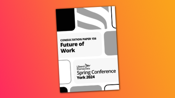 Front page of the consultation paper "Future of Work" displayed on a background with diagonal gradient from magenta to gold.
