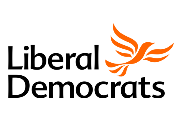 "Liberal Democrats" beneath the bird in flight in orange